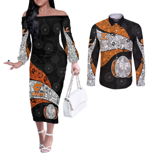 Personalized Giants Football Couples Matching Off The Shoulder Long Sleeve Dress and Long Sleeve Button Shirt Easter Egg Pattern Orange Monochrome Tribal Dot Style