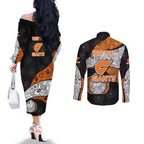 Personalized Giants Football Couples Matching Off The Shoulder Long Sleeve Dress and Long Sleeve Button Shirt Easter Egg Pattern Orange Monochrome Tribal Dot Style