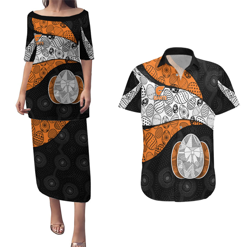 Personalized Giants Football Couples Matching Puletasi and Hawaiian Shirt Easter Egg Pattern Orange Monochrome Tribal Dot Style