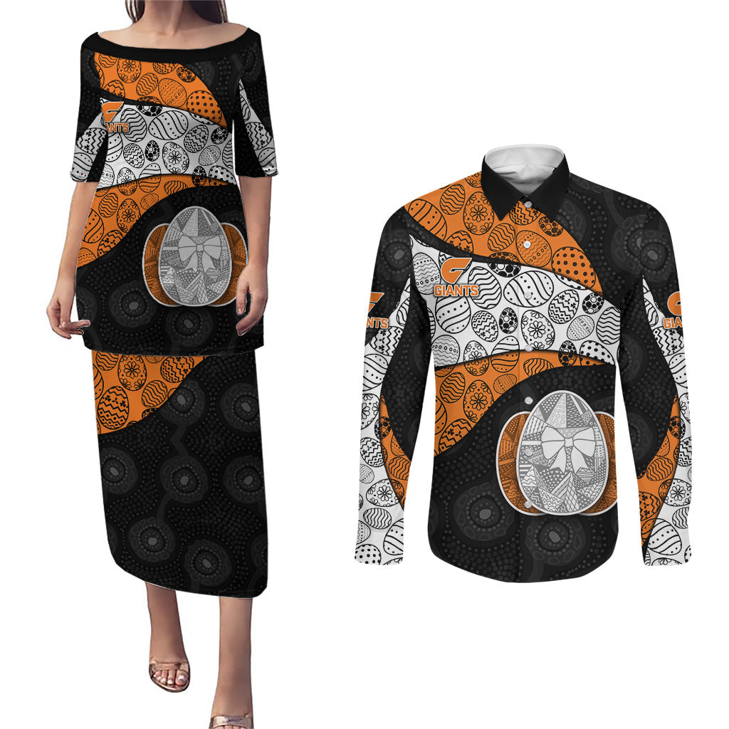Personalized Giants Football Couples Matching Puletasi and Long Sleeve Button Shirt Easter Egg Pattern Orange Monochrome Tribal Dot Style