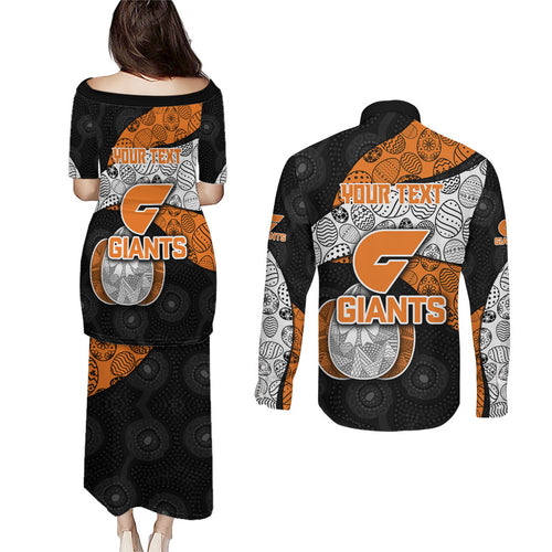 Personalized Giants Football Couples Matching Puletasi and Long Sleeve Button Shirt Easter Egg Pattern Orange Monochrome Tribal Dot Style