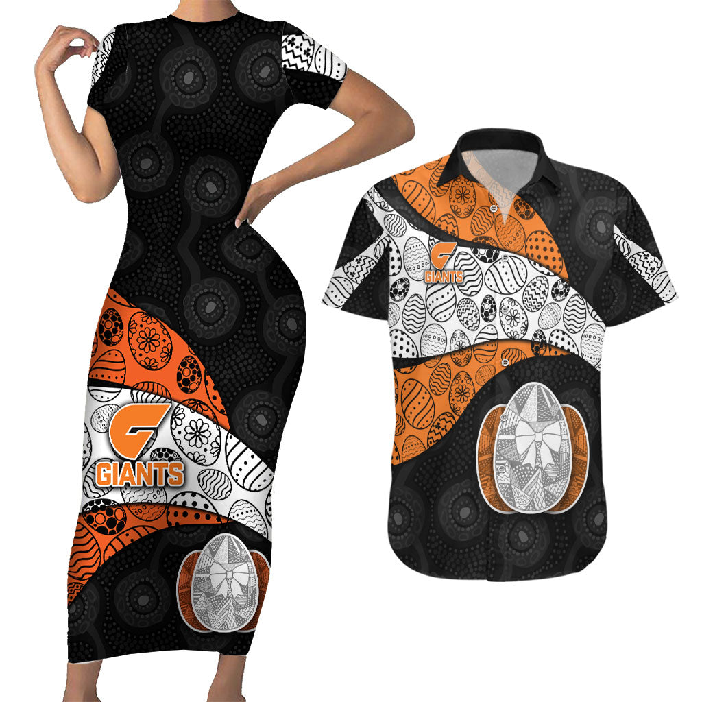 Personalized Giants Football Couples Matching Short Sleeve Bodycon Dress and Hawaiian Shirt Easter Egg Pattern Orange Monochrome Tribal Dot Style