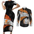 Personalized Giants Football Couples Matching Short Sleeve Bodycon Dress and Long Sleeve Button Shirt Easter Egg Pattern Orange Monochrome Tribal Dot Style