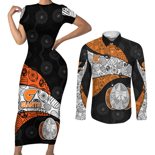 Personalized Giants Football Couples Matching Short Sleeve Bodycon Dress and Long Sleeve Button Shirt Easter Egg Pattern Orange Monochrome Tribal Dot Style
