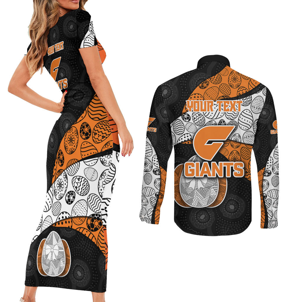 Personalized Giants Football Couples Matching Short Sleeve Bodycon Dress and Long Sleeve Button Shirt Easter Egg Pattern Orange Monochrome Tribal Dot Style