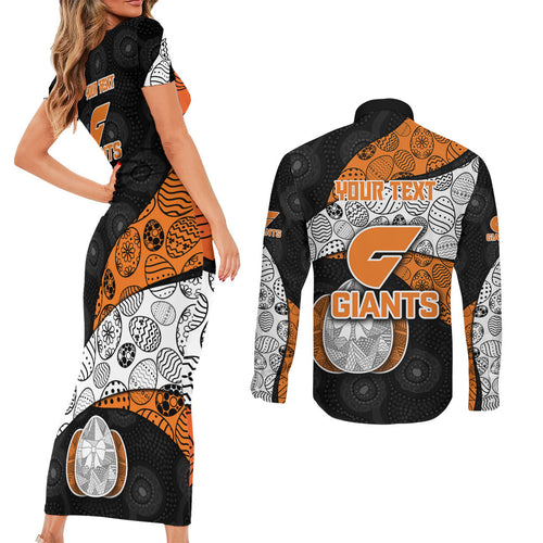 Personalized Giants Football Couples Matching Short Sleeve Bodycon Dress and Long Sleeve Button Shirt Easter Egg Pattern Orange Monochrome Tribal Dot Style