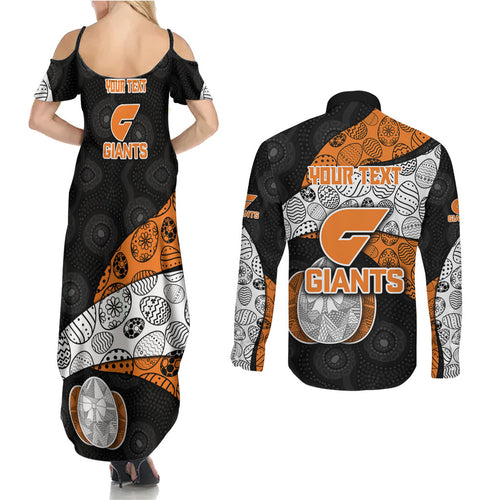 Personalized Giants Football Couples Matching Summer Maxi Dress and Long Sleeve Button Shirt Easter Egg Pattern Orange Monochrome Tribal Dot Style