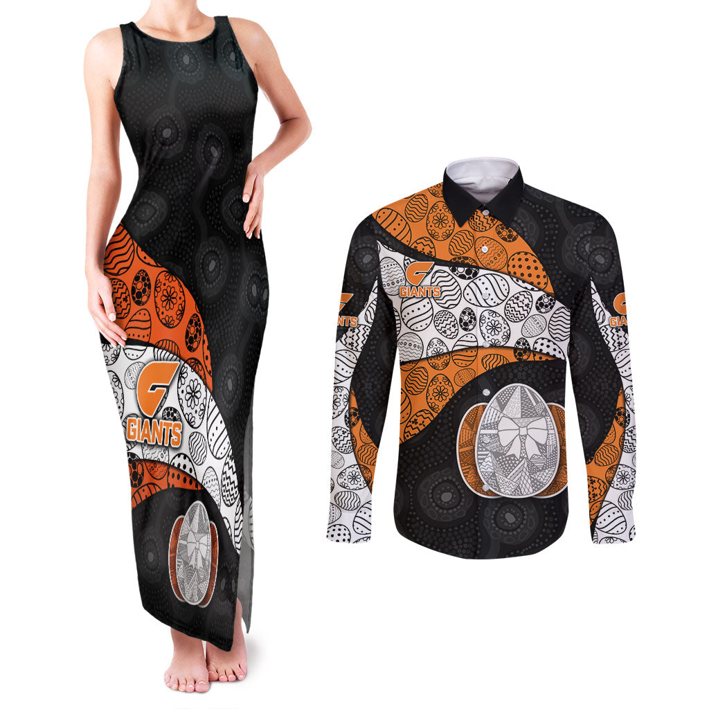 Personalized Giants Football Couples Matching Tank Maxi Dress and Long Sleeve Button Shirt Easter Egg Pattern Orange Monochrome Tribal Dot Style