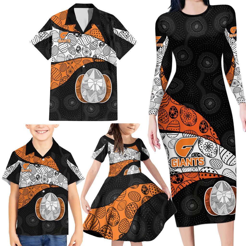 Personalized Giants Football Family Matching Long Sleeve Bodycon Dress and Hawaiian Shirt Easter Egg Pattern Orange Monochrome Tribal Dot Style