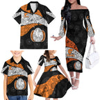 Personalized Giants Football Family Matching Off The Shoulder Long Sleeve Dress and Hawaiian Shirt Easter Egg Pattern Orange Monochrome Tribal Dot Style