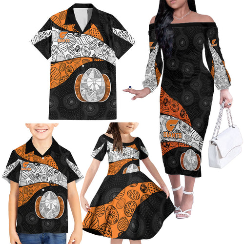 Personalized Giants Football Family Matching Off The Shoulder Long Sleeve Dress and Hawaiian Shirt Easter Egg Pattern Orange Monochrome Tribal Dot Style