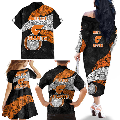 Personalized Giants Football Family Matching Off The Shoulder Long Sleeve Dress and Hawaiian Shirt Easter Egg Pattern Orange Monochrome Tribal Dot Style