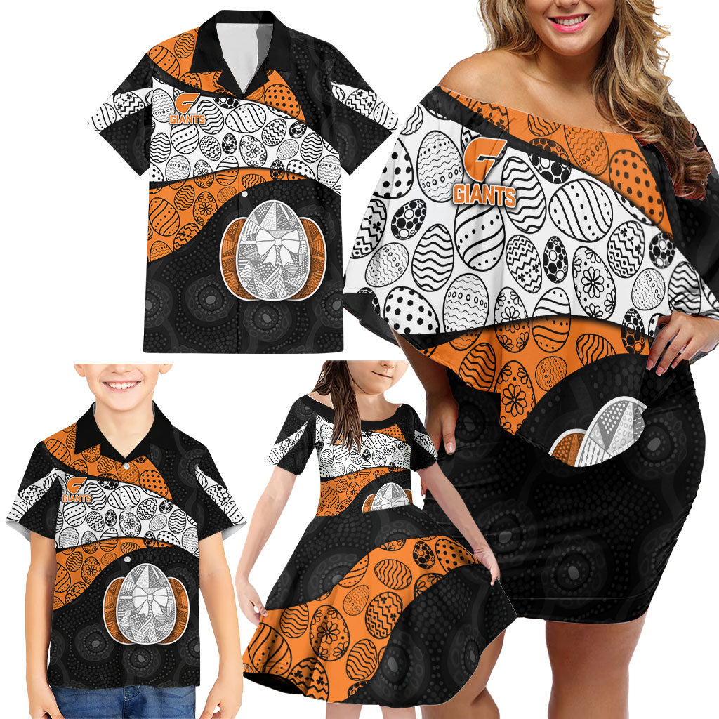 Personalized Giants Football Family Matching Off Shoulder Short Dress and Hawaiian Shirt Easter Egg Pattern Orange Monochrome Tribal Dot Style