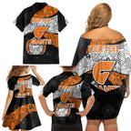 Personalized Giants Football Family Matching Off Shoulder Short Dress and Hawaiian Shirt Easter Egg Pattern Orange Monochrome Tribal Dot Style