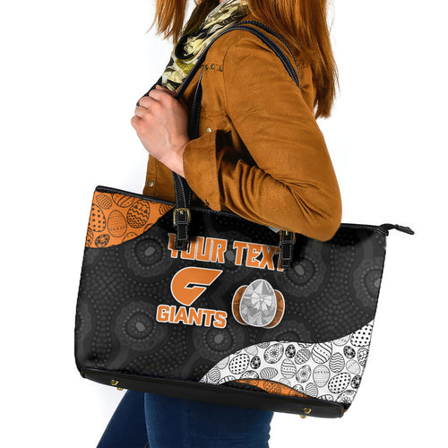Personalized Giants Football Leather Tote Bag Easter Egg Pattern Orange Monochrome Tribal Dot Style