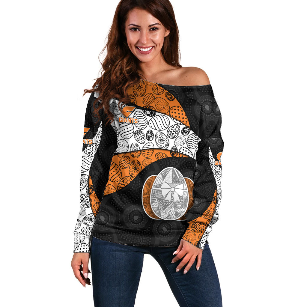 Personalized Giants Football Off Shoulder Sweater Easter Egg Pattern Orange Monochrome Tribal Dot Style