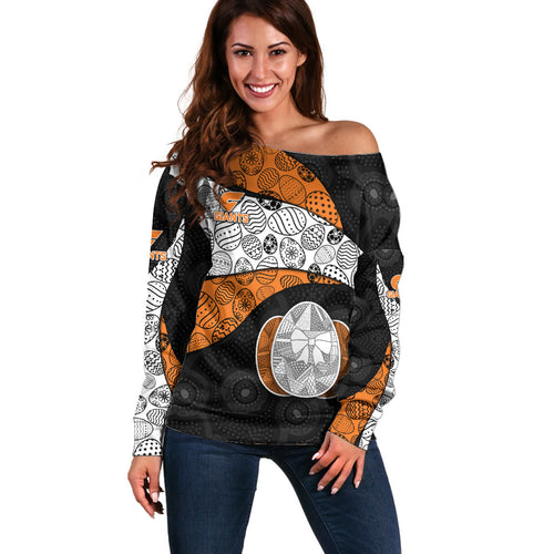 Personalized Giants Football Off Shoulder Sweater Easter Egg Pattern Orange Monochrome Tribal Dot Style