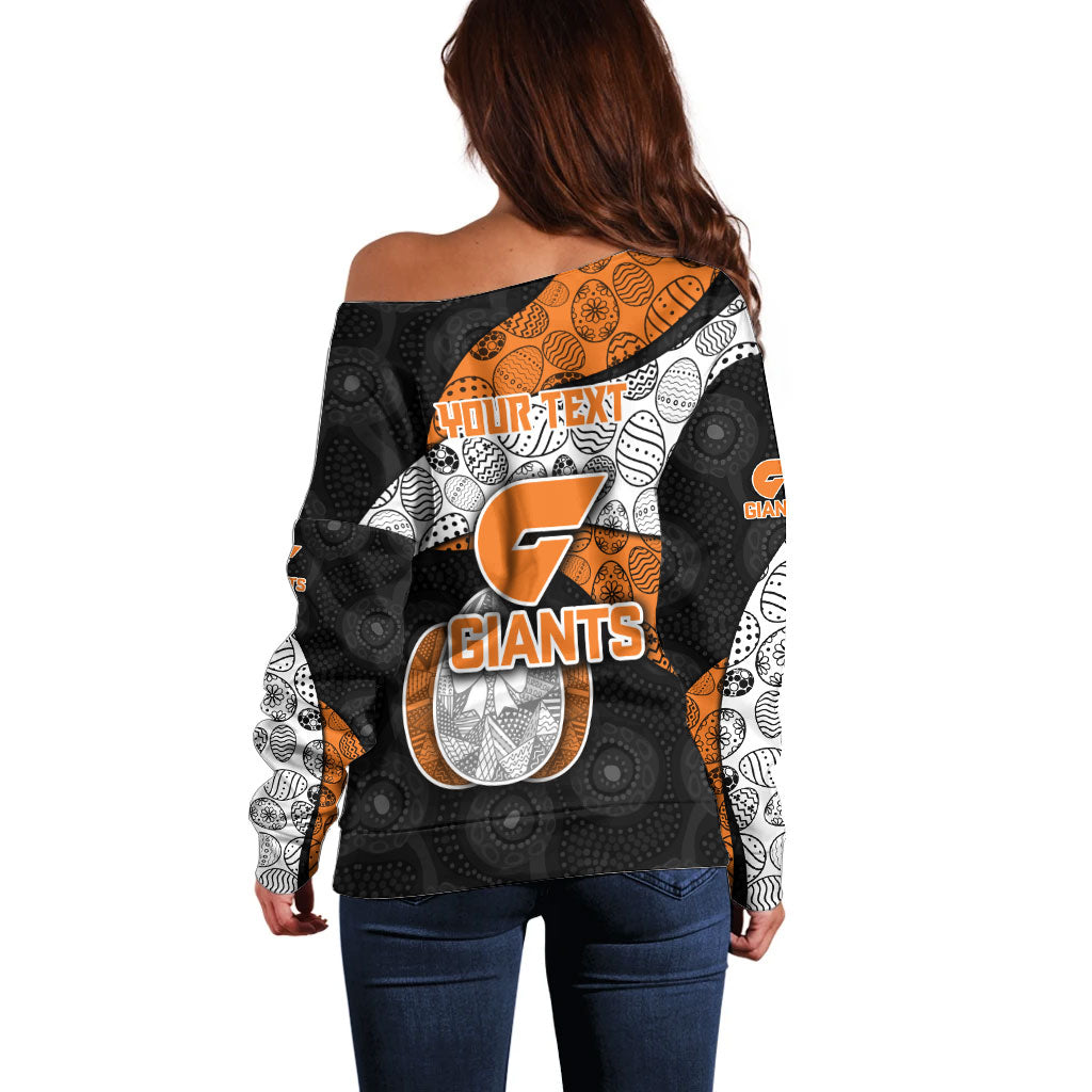 Personalized Giants Football Off Shoulder Sweater Easter Egg Pattern Orange Monochrome Tribal Dot Style