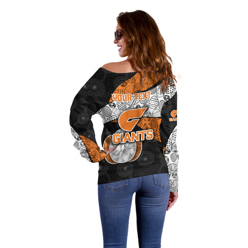 Personalized Giants Football Off Shoulder Sweater Easter Egg Pattern Orange Monochrome Tribal Dot Style