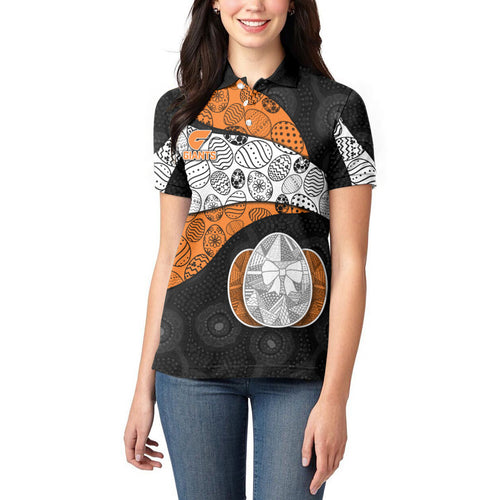 Personalized Giants Football Women Polo Shirt Easter Egg Pattern Orange Monochrome Tribal Dot Style