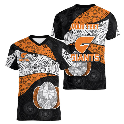 Personalized Giants Football Women V-Neck T-Shirt Easter Egg Pattern Orange Monochrome Tribal Dot Style