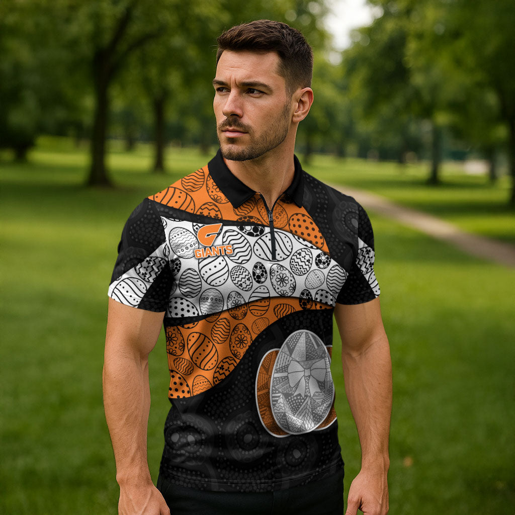 Personalized Giants Football Zipper Polo Shirt Easter Egg Pattern Orange Monochrome Tribal Dot Style