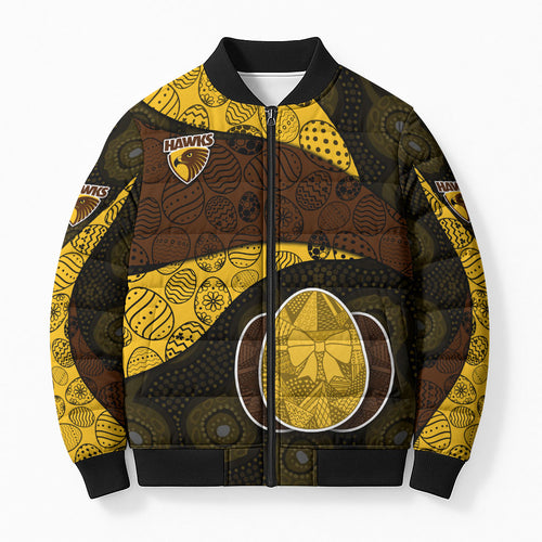 Personalized Hawks Football Bomber Puffer Jacket Easter Egg Pattern Brown Gold Tribal Dot Art Style