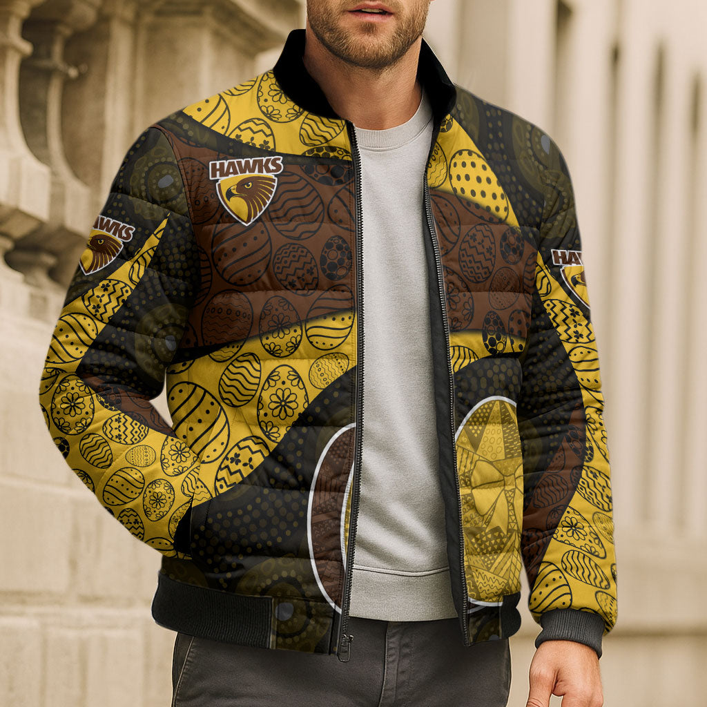 Personalized Hawks Football Bomber Puffer Jacket Easter Egg Pattern Brown Gold Tribal Dot Art Style