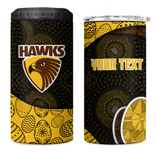 Personalized Hawks Football 4 in 1 Can Cooler Tumbler Easter Egg Pattern Brown Gold Tribal Dot Art Style