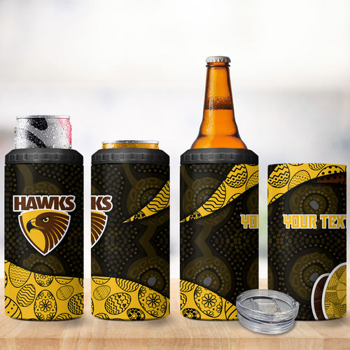Personalized Hawks Football 4 in 1 Can Cooler Tumbler Easter Egg Pattern Brown Gold Tribal Dot Art Style