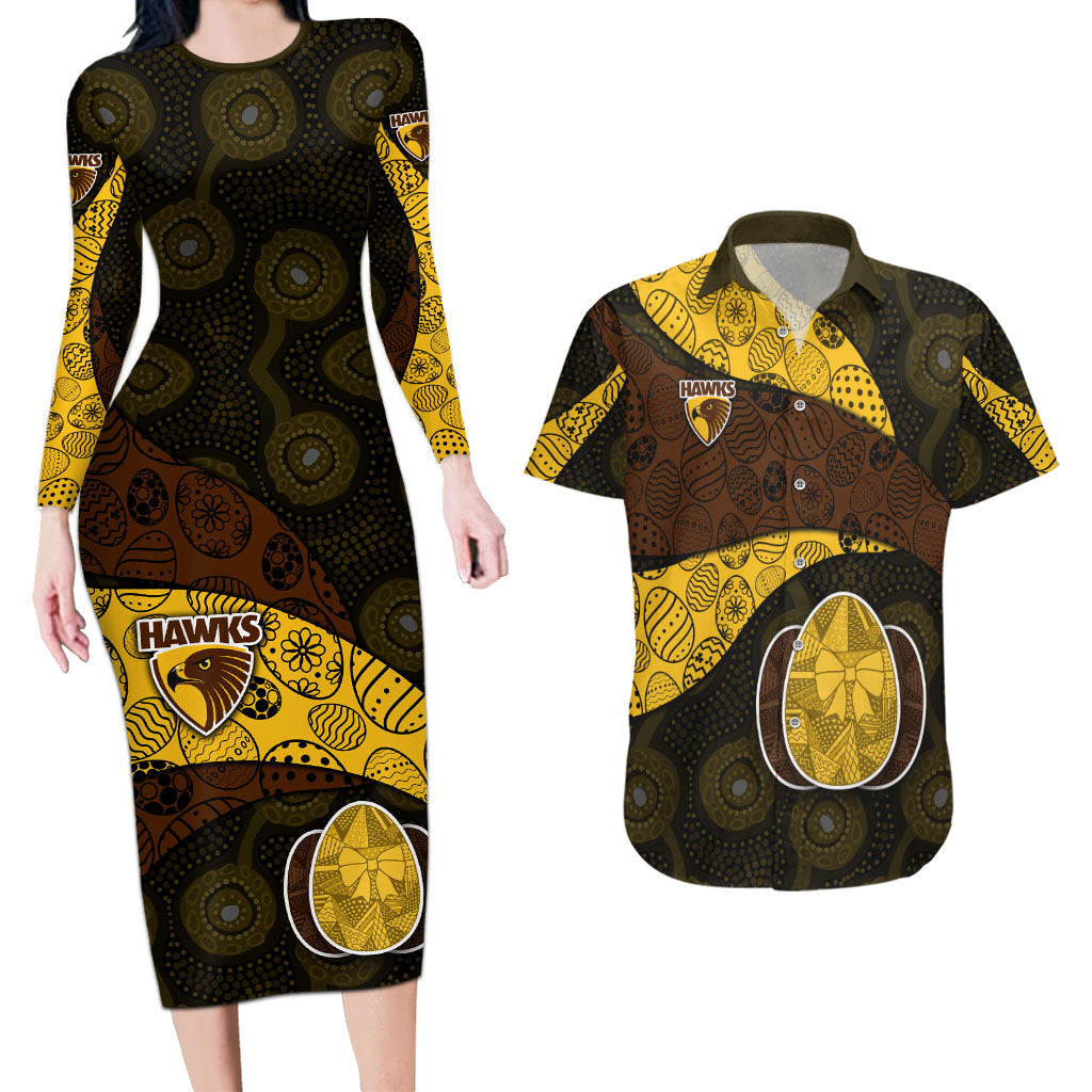 Personalized Hawks Football Couples Matching Long Sleeve Bodycon Dress and Hawaiian Shirt Easter Egg Pattern Brown Gold Tribal Dot Art Style