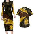 Personalized Hawks Football Couples Matching Long Sleeve Bodycon Dress and Hawaiian Shirt Easter Egg Pattern Brown Gold Tribal Dot Art Style