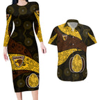 Personalized Hawks Football Couples Matching Long Sleeve Bodycon Dress and Hawaiian Shirt Easter Egg Pattern Brown Gold Tribal Dot Art Style