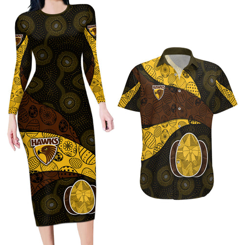 Personalized Hawks Football Couples Matching Long Sleeve Bodycon Dress and Hawaiian Shirt Easter Egg Pattern Brown Gold Tribal Dot Art Style