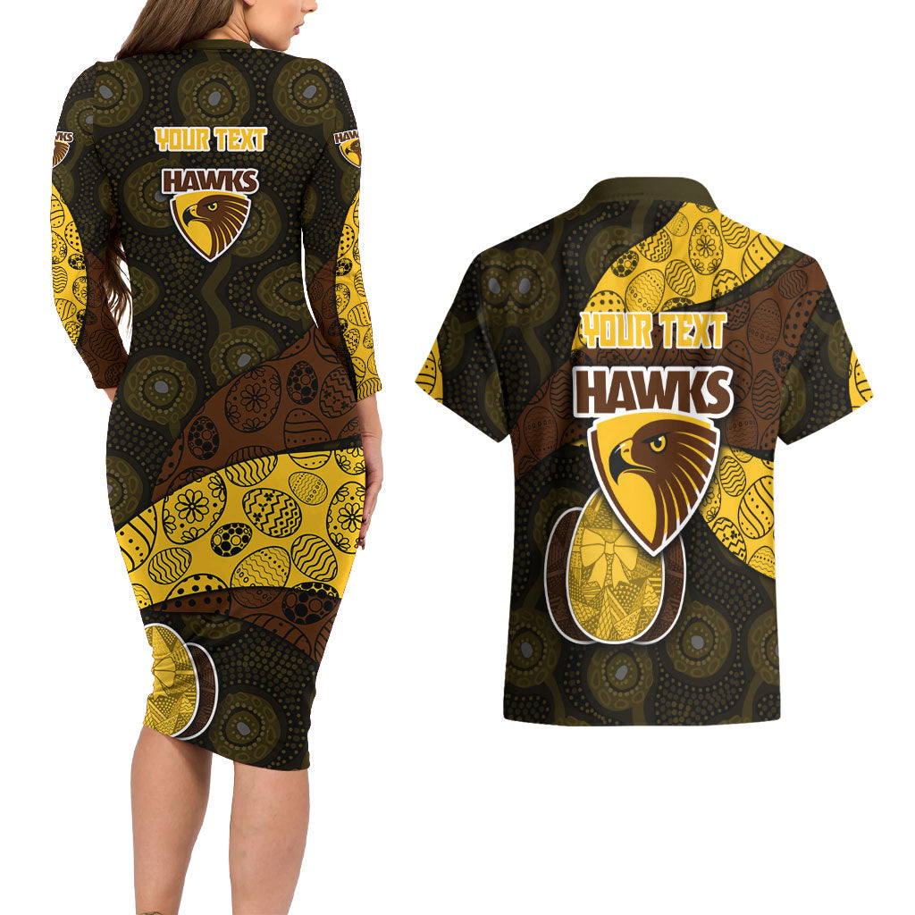 Personalized Hawks Football Couples Matching Long Sleeve Bodycon Dress and Hawaiian Shirt Easter Egg Pattern Brown Gold Tribal Dot Art Style