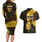 Personalized Hawks Football Couples Matching Long Sleeve Bodycon Dress and Hawaiian Shirt Easter Egg Pattern Brown Gold Tribal Dot Art Style