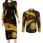 Personalized Hawks Football Couples Matching Long Sleeve Bodycon Dress and Long Sleeve Button Shirt Easter Egg Pattern Brown Gold Tribal Dot Art Style