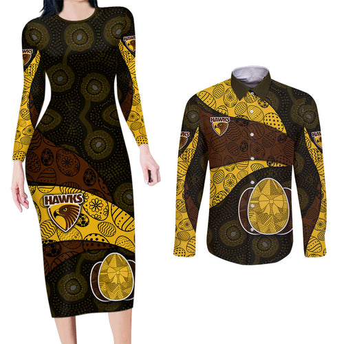 Personalized Hawks Football Couples Matching Long Sleeve Bodycon Dress and Long Sleeve Button Shirt Easter Egg Pattern Brown Gold Tribal Dot Art Style