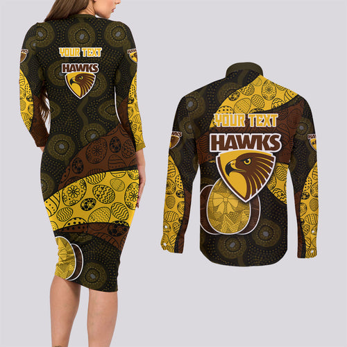 Personalized Hawks Football Couples Matching Long Sleeve Bodycon Dress and Long Sleeve Button Shirt Easter Egg Pattern Brown Gold Tribal Dot Art Style