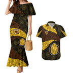 Personalized Hawks Football Couples Matching Mermaid Dress and Hawaiian Shirt Easter Egg Pattern Brown Gold Tribal Dot Art Style