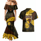 Personalized Hawks Football Couples Matching Mermaid Dress and Hawaiian Shirt Easter Egg Pattern Brown Gold Tribal Dot Art Style