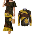 Personalized Hawks Football Couples Matching Mermaid Dress and Long Sleeve Button Shirt Easter Egg Pattern Brown Gold Tribal Dot Art Style