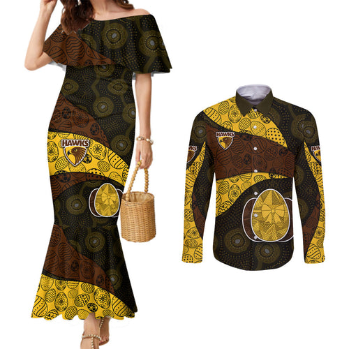 Personalized Hawks Football Couples Matching Mermaid Dress and Long Sleeve Button Shirt Easter Egg Pattern Brown Gold Tribal Dot Art Style