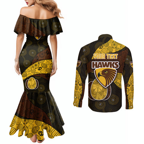 Personalized Hawks Football Couples Matching Mermaid Dress and Long Sleeve Button Shirt Easter Egg Pattern Brown Gold Tribal Dot Art Style