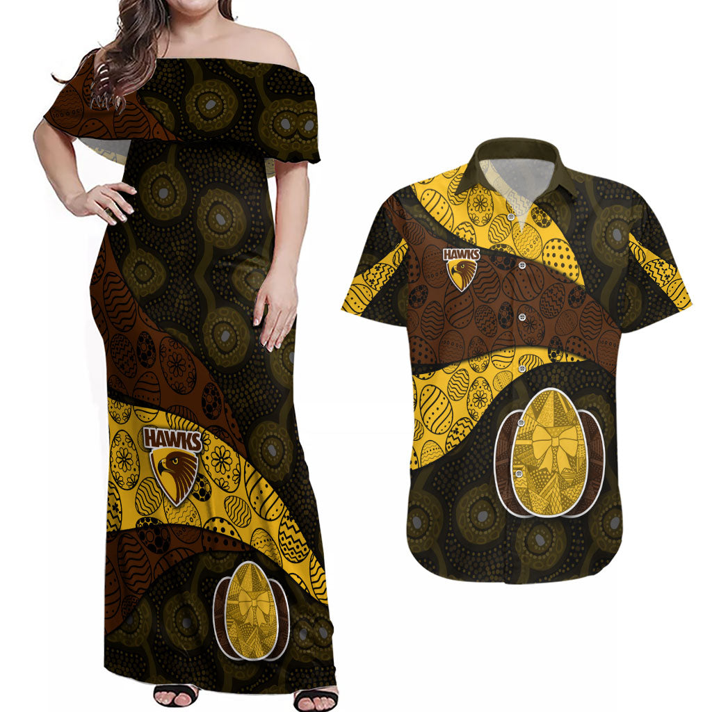 Personalized Hawks Football Couples Matching Off Shoulder Maxi Dress and Hawaiian Shirt Easter Egg Pattern Brown Gold Tribal Dot Art Style