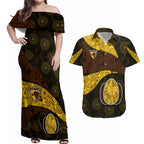 Personalized Hawks Football Couples Matching Off Shoulder Maxi Dress and Hawaiian Shirt Easter Egg Pattern Brown Gold Tribal Dot Art Style