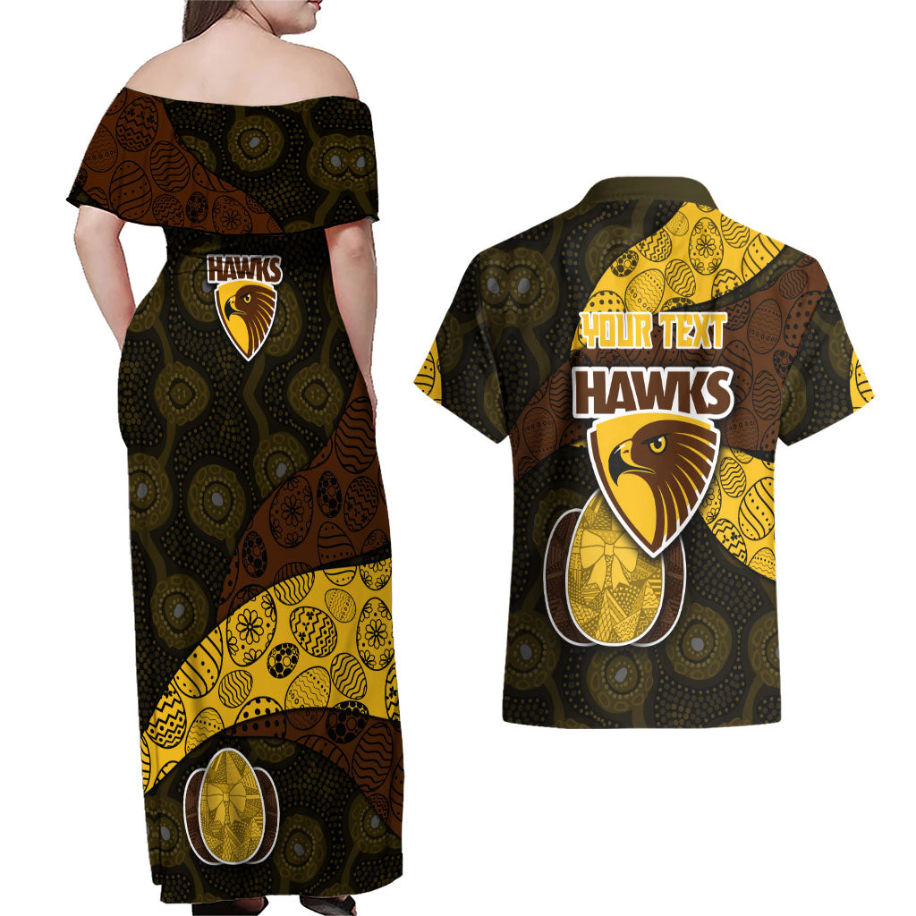 Personalized Hawks Football Couples Matching Off Shoulder Maxi Dress and Hawaiian Shirt Easter Egg Pattern Brown Gold Tribal Dot Art Style