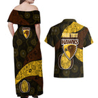 Personalized Hawks Football Couples Matching Off Shoulder Maxi Dress and Hawaiian Shirt Easter Egg Pattern Brown Gold Tribal Dot Art Style