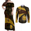 Personalized Hawks Football Couples Matching Off Shoulder Maxi Dress and Long Sleeve Button Shirt Easter Egg Pattern Brown Gold Tribal Dot Art Style