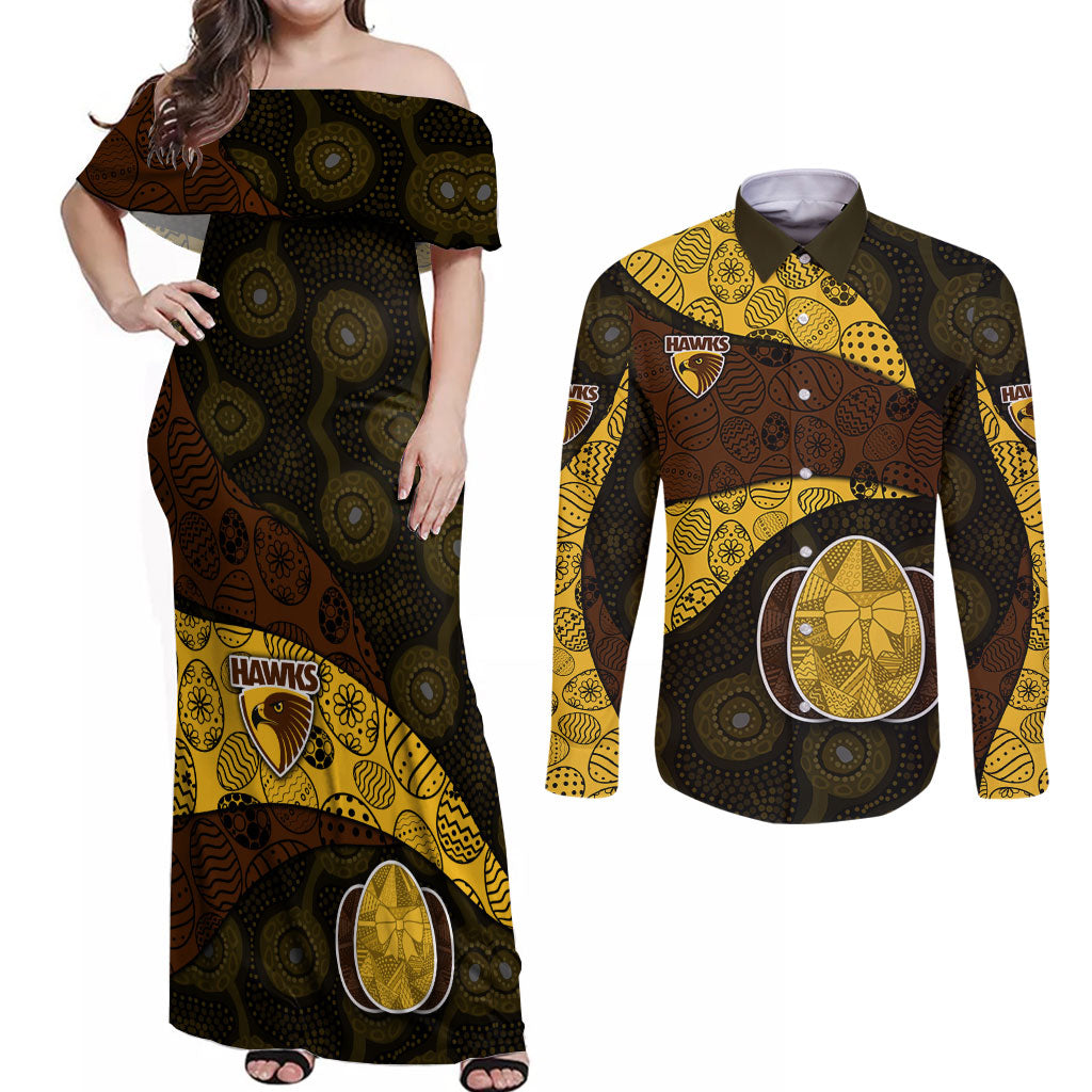 Personalized Hawks Football Couples Matching Off Shoulder Maxi Dress and Long Sleeve Button Shirt Easter Egg Pattern Brown Gold Tribal Dot Art Style